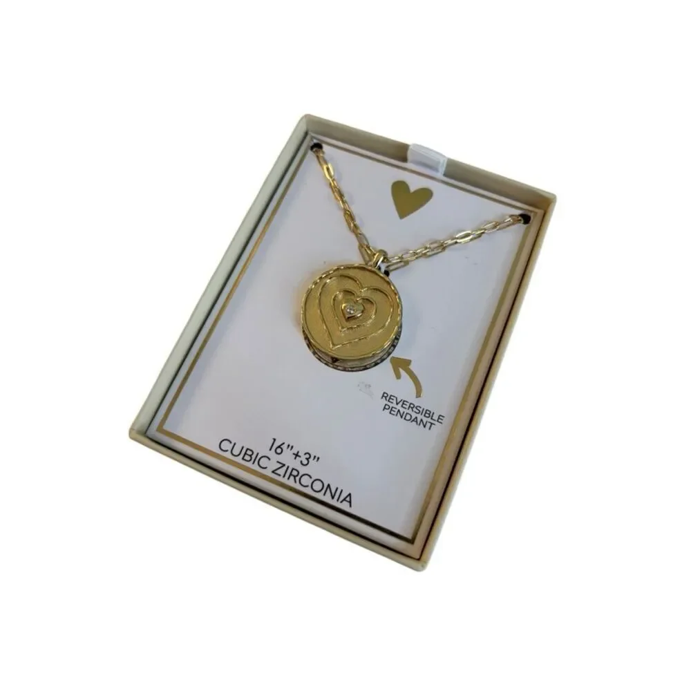 Gold Toned Reversible Medallion Heart Pendant Necklace. Very Pretty